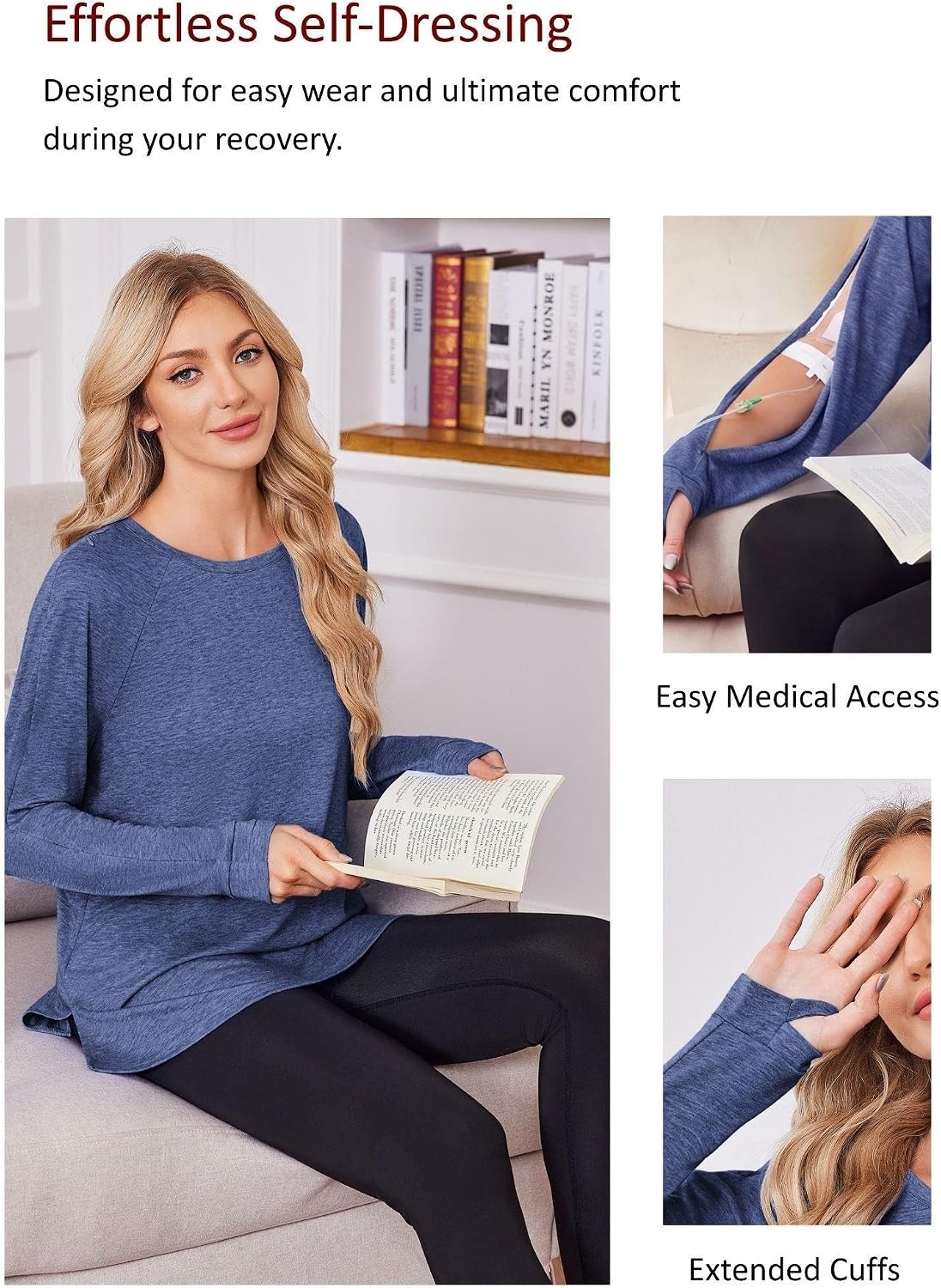 image:imageDeyeek Womens Dialysis Shirt Arm Zipper Port Access Long Sleeve TopNavy Blue