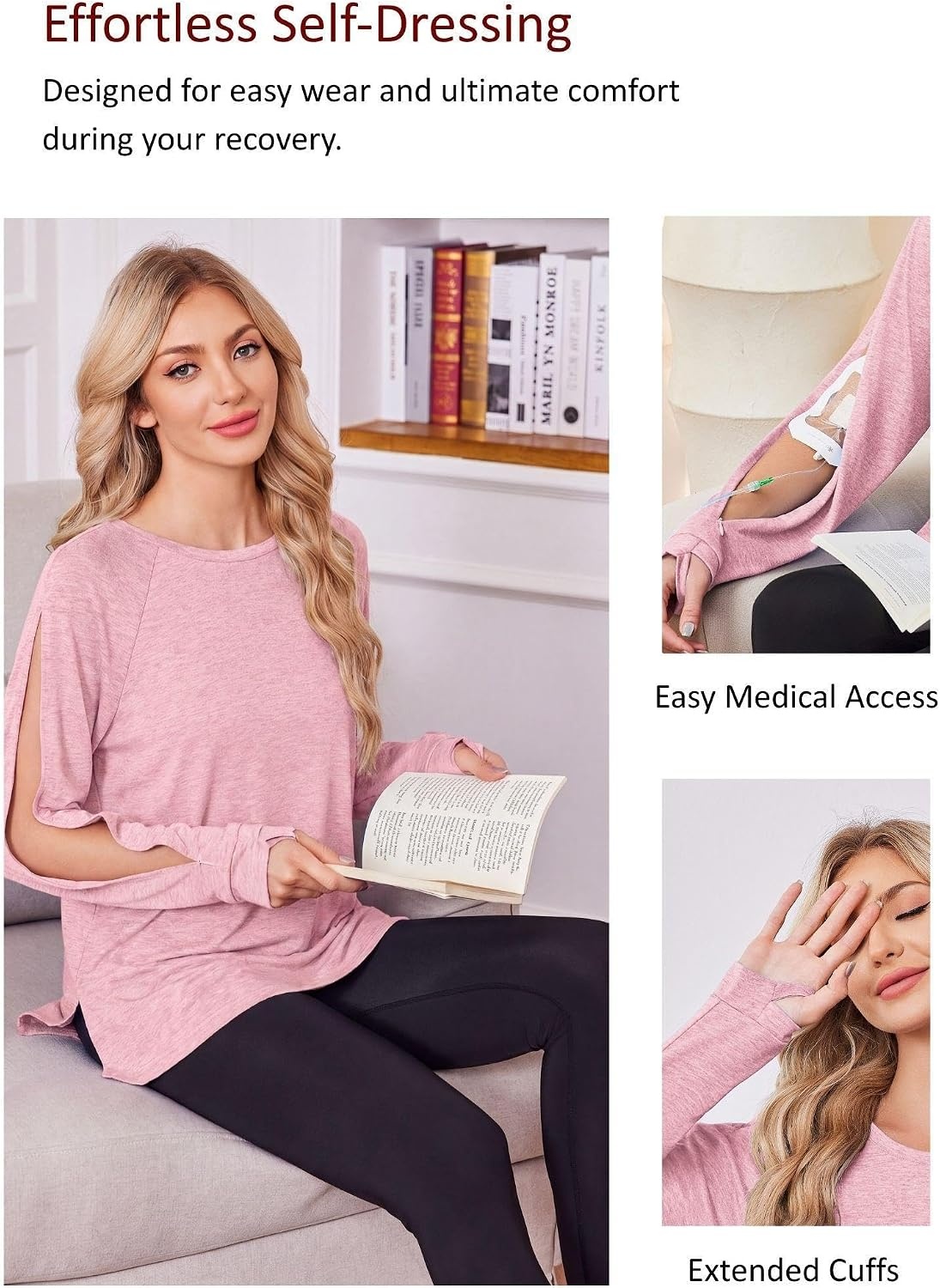 image:imageDeyeek Womens Dialysis Shirt Arm Zipper Port Access Long Sleeve TopPink