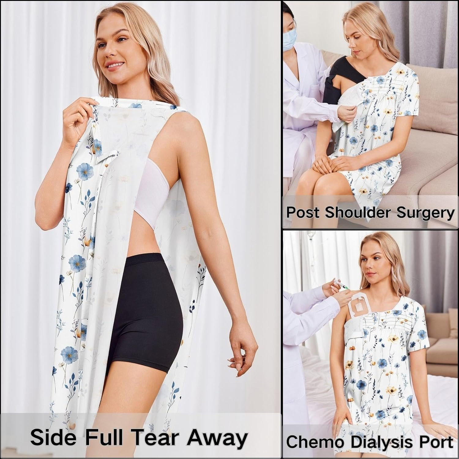 image:imageDeyeek Womens Shoulder Surgery Dress Full Tear Away Side Snap Chemo GownBeige Print
