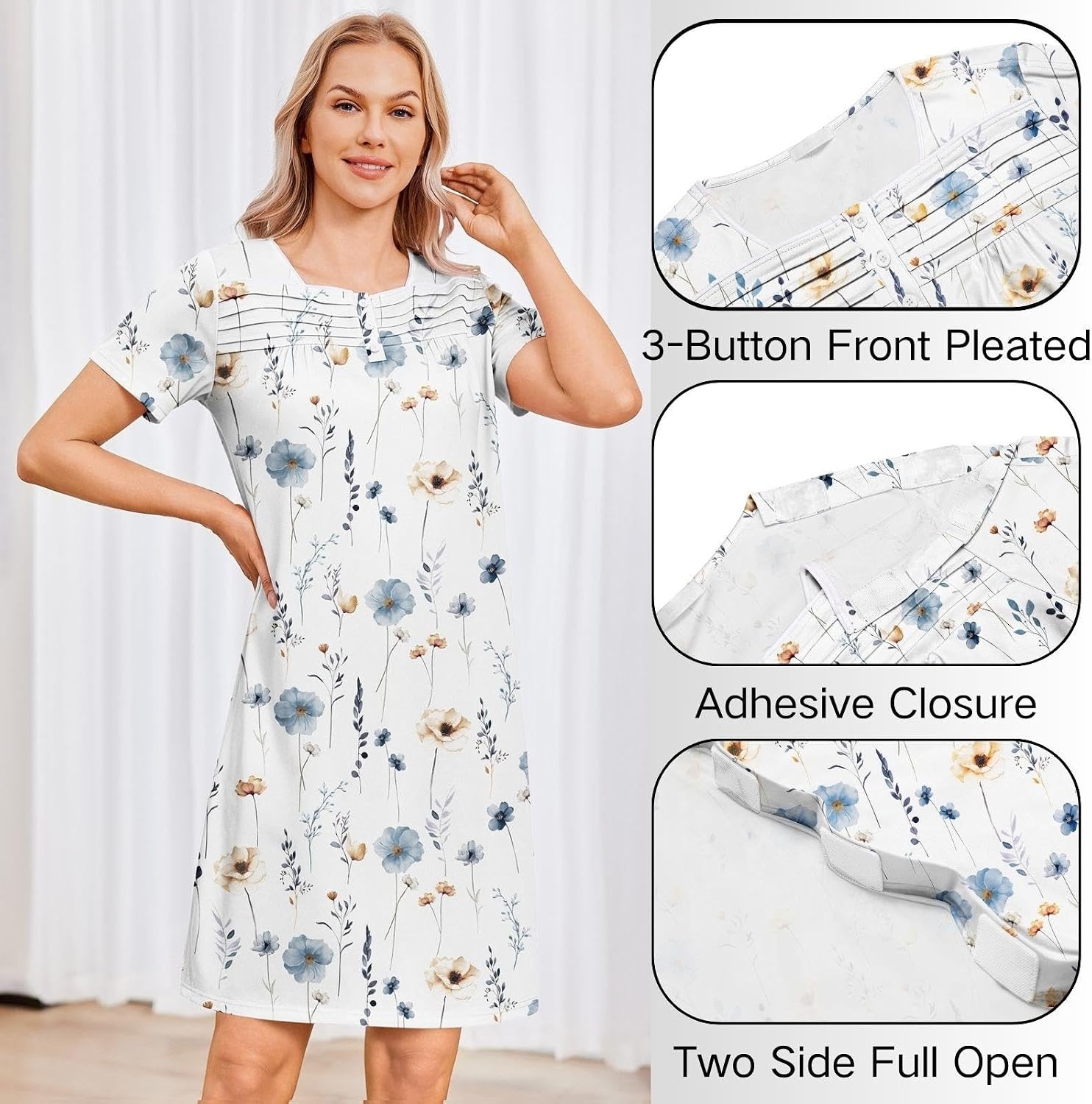 image:imageDeyeek Womens Shoulder Surgery Dress Full Tear Away Side Snap Chemo GownBeige Print