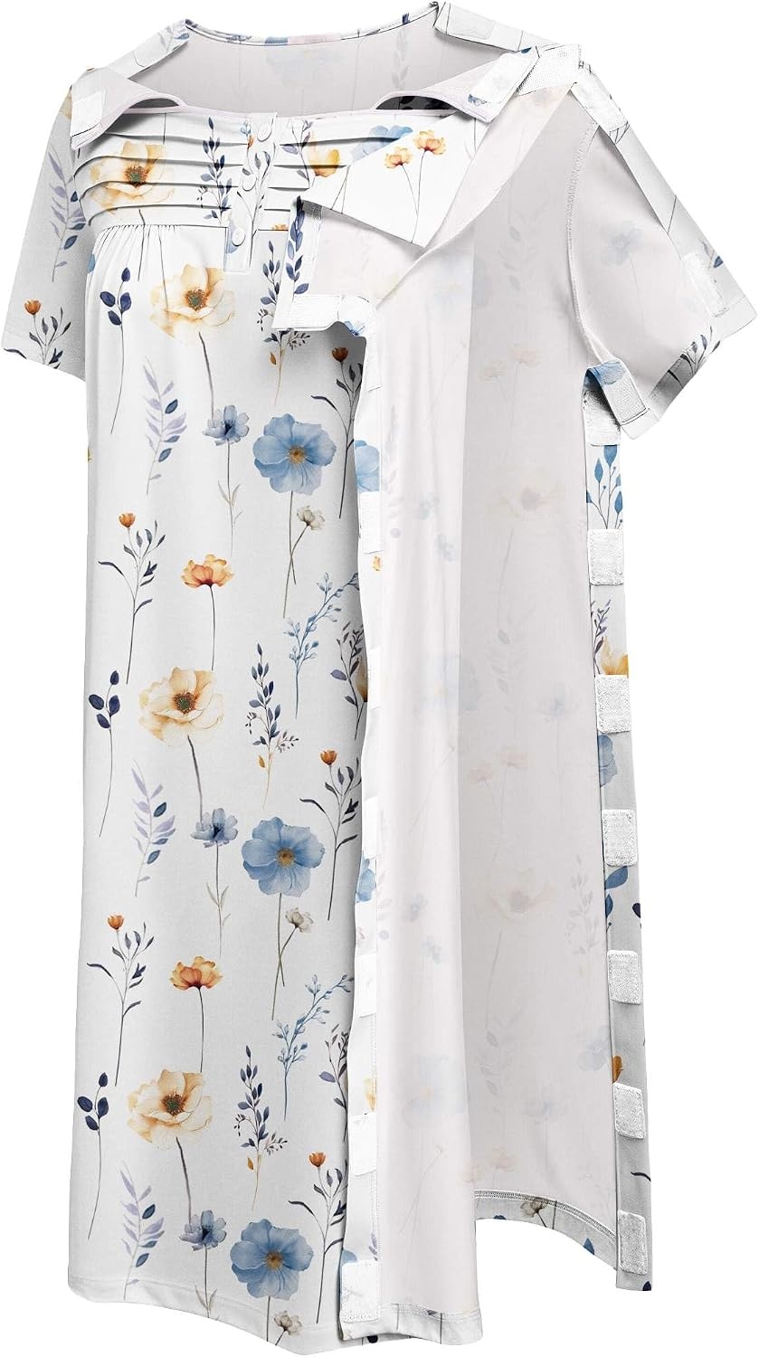 image:imageDeyeek Womens Shoulder Surgery Dress Full Tear Away Side Snap Chemo GownBeige Print