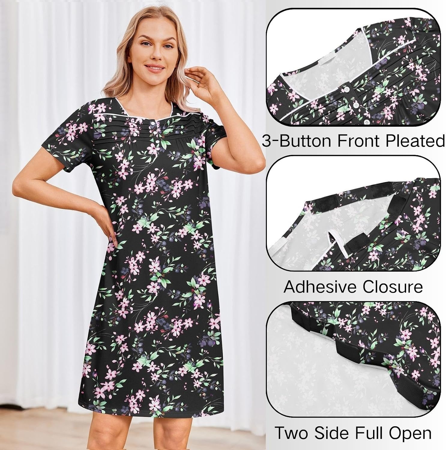 image:imageDeyeek Womens Shoulder Surgery Dress Full Tear Away Side Snap Chemo GownBlack Print