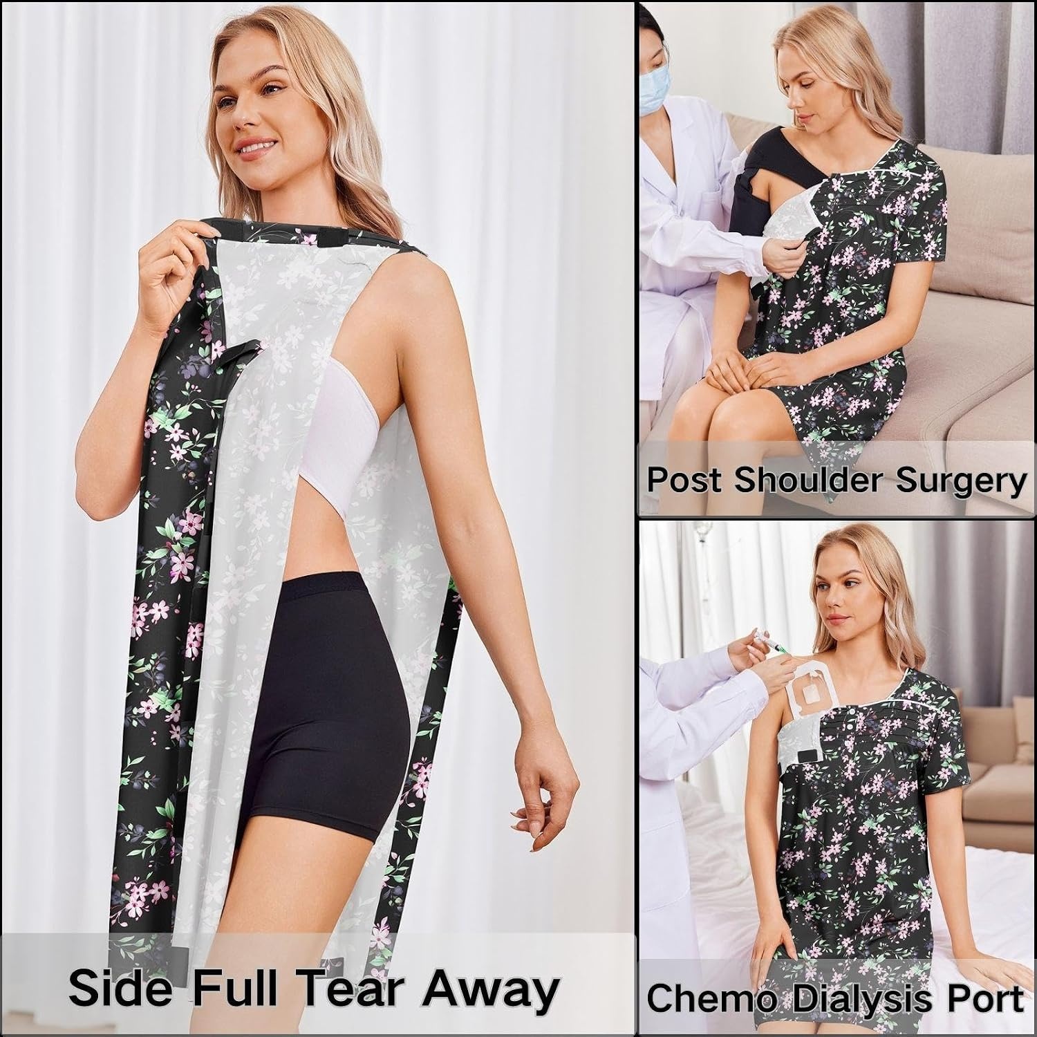 image:imageDeyeek Womens Shoulder Surgery Dress Full Tear Away Side Snap Chemo GownBlack Print