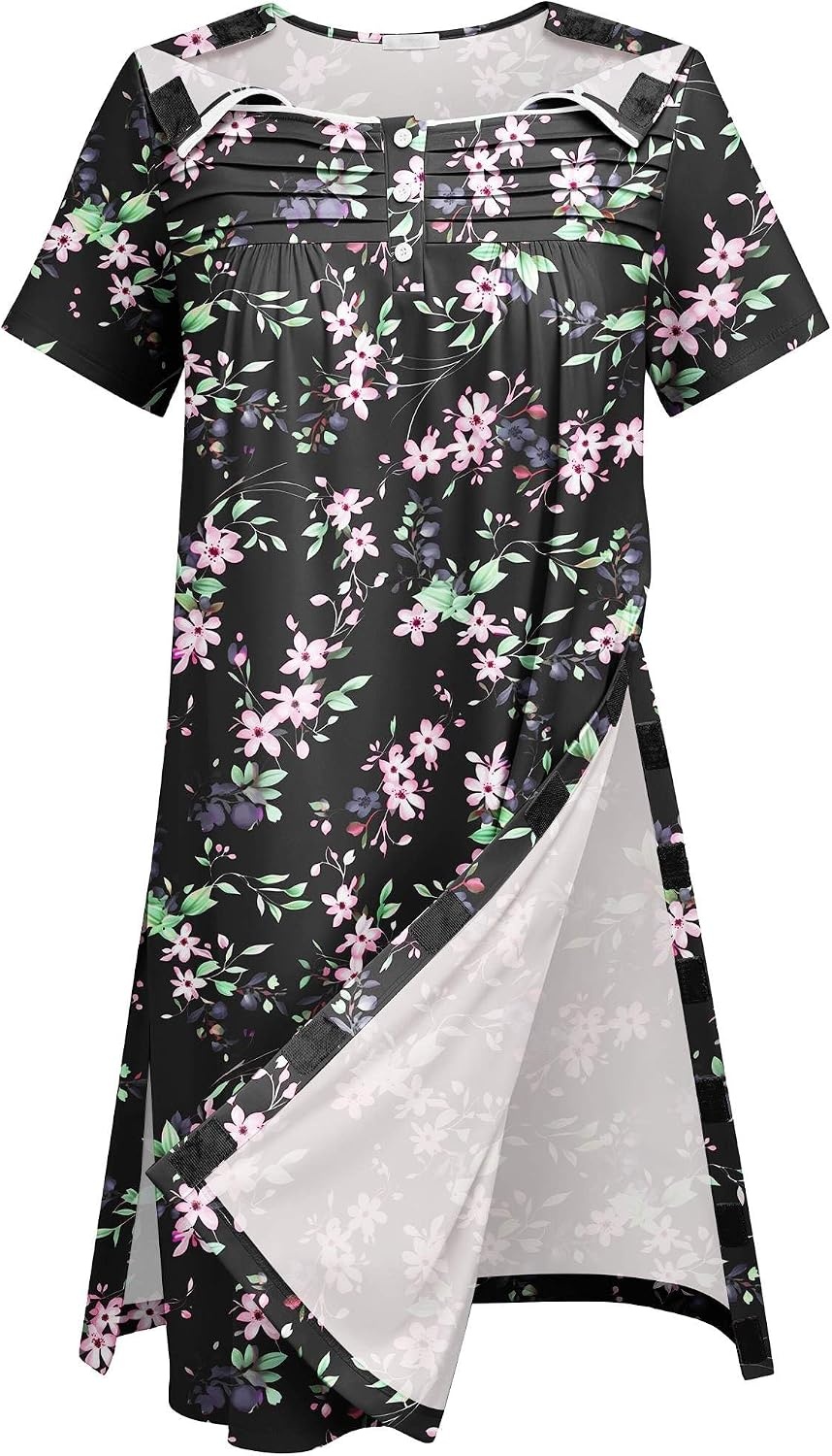 image:imageDeyeek Womens Shoulder Surgery Dress Full Tear Away Side Snap Chemo GownBlack Print