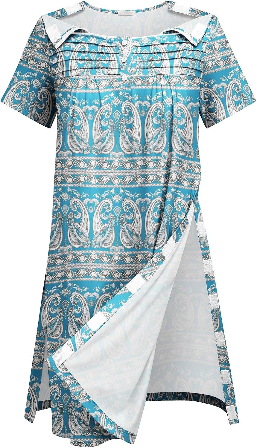 image:imageDeyeek Womens Shoulder Surgery Dress Full Tear Away Side Snap Chemo GownBlue Print