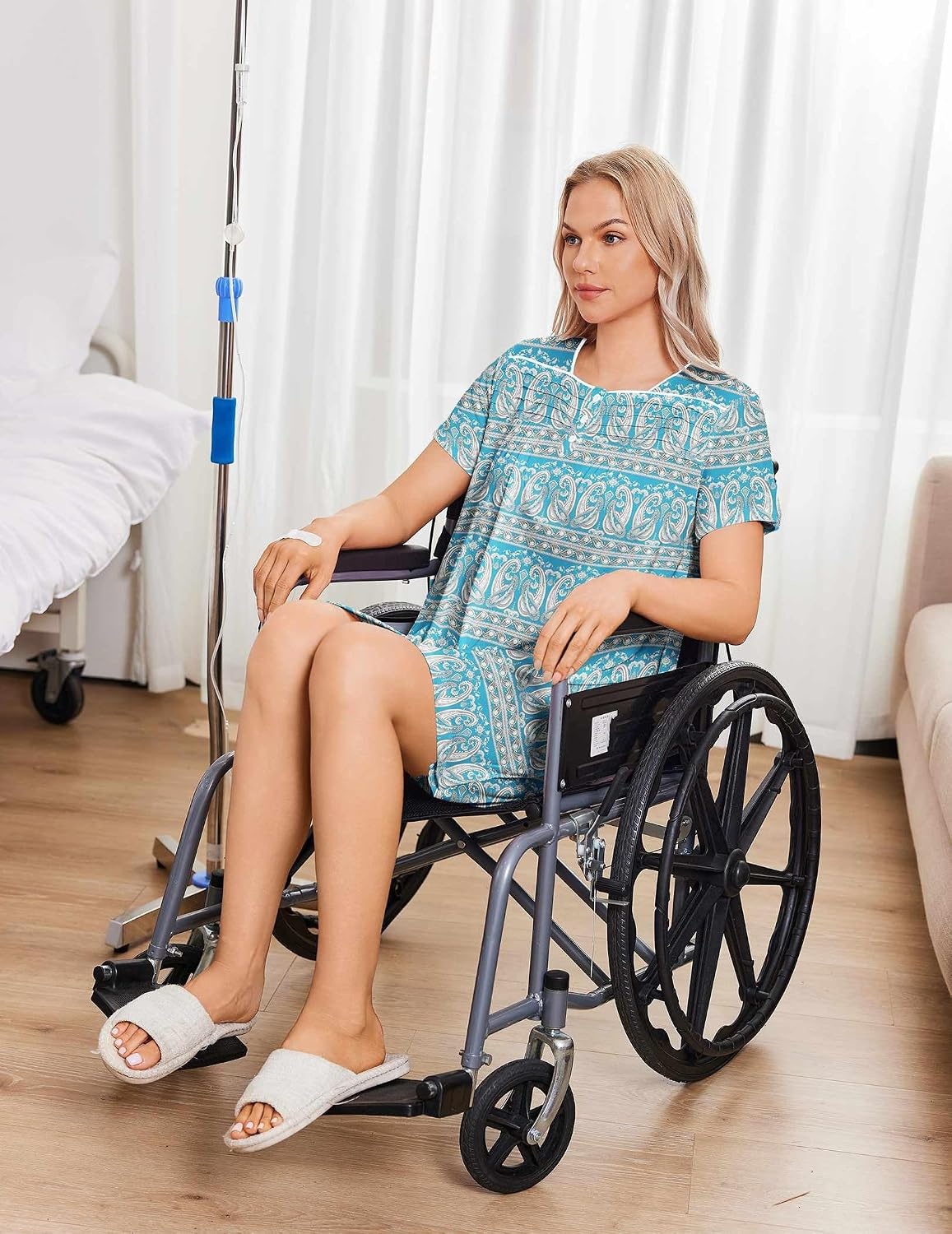 image:imageDeyeek Womens Shoulder Surgery Dress Full Tear Away Side Snap Chemo GownBlue Print