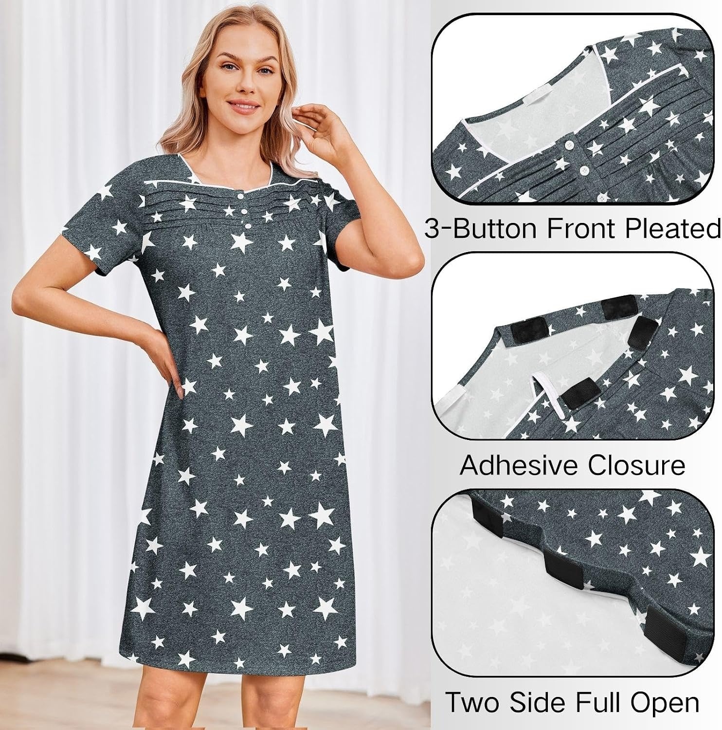 image:imageDeyeek Womens Shoulder Surgery Dress Full Tear Away Side Snap Chemo GownGrey Print