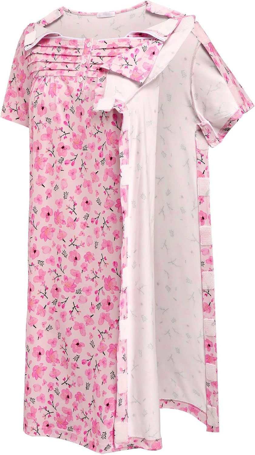 image:imageDeyeek Womens Shoulder Surgery Dress Full Tear Away Side Snap Chemo GownPink Print