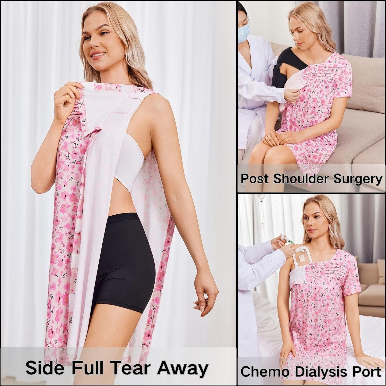 image:imageDeyeek Womens Shoulder Surgery Dress Full Tear Away Side Snap Chemo GownPink Print