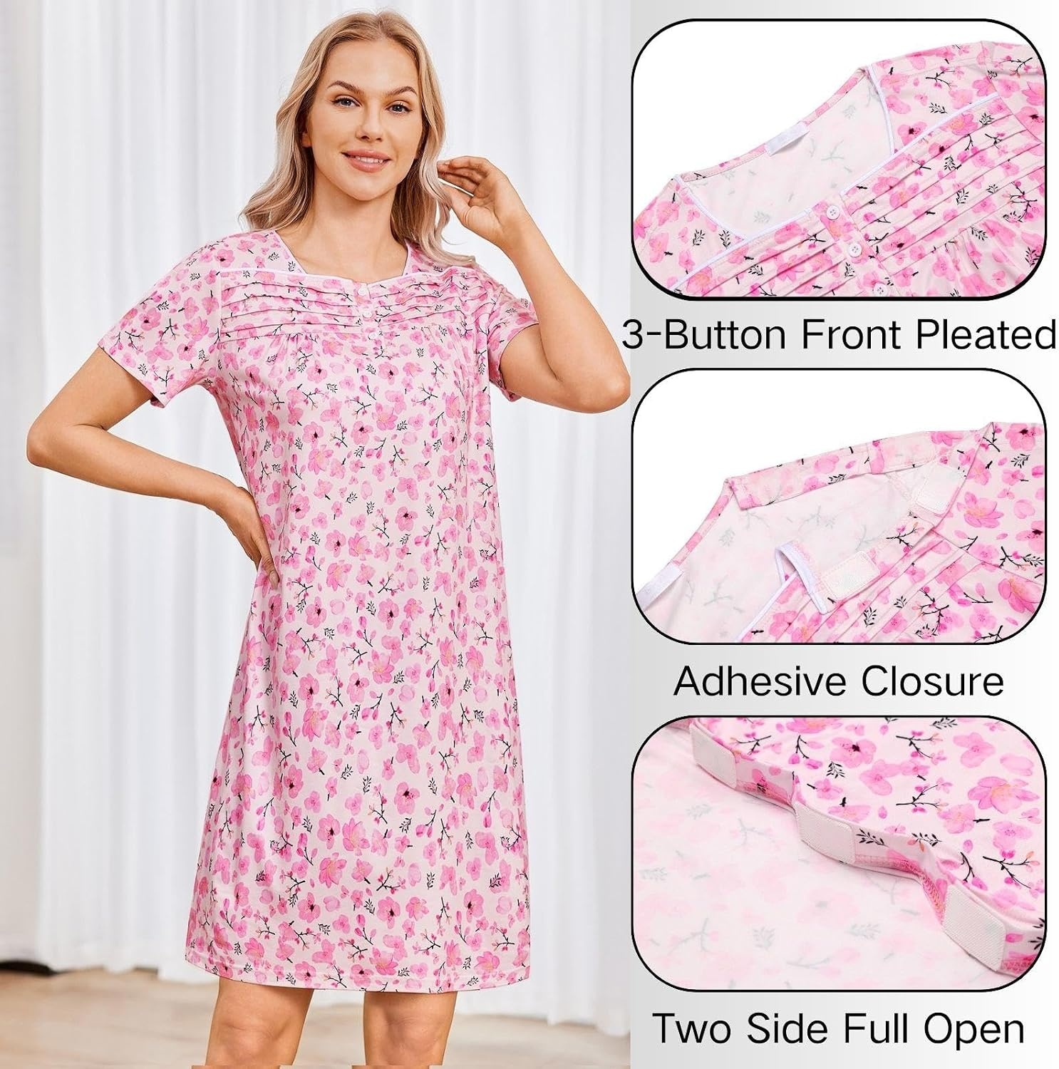 image:imageDeyeek Womens Shoulder Surgery Dress Full Tear Away Side Snap Chemo GownPink Print