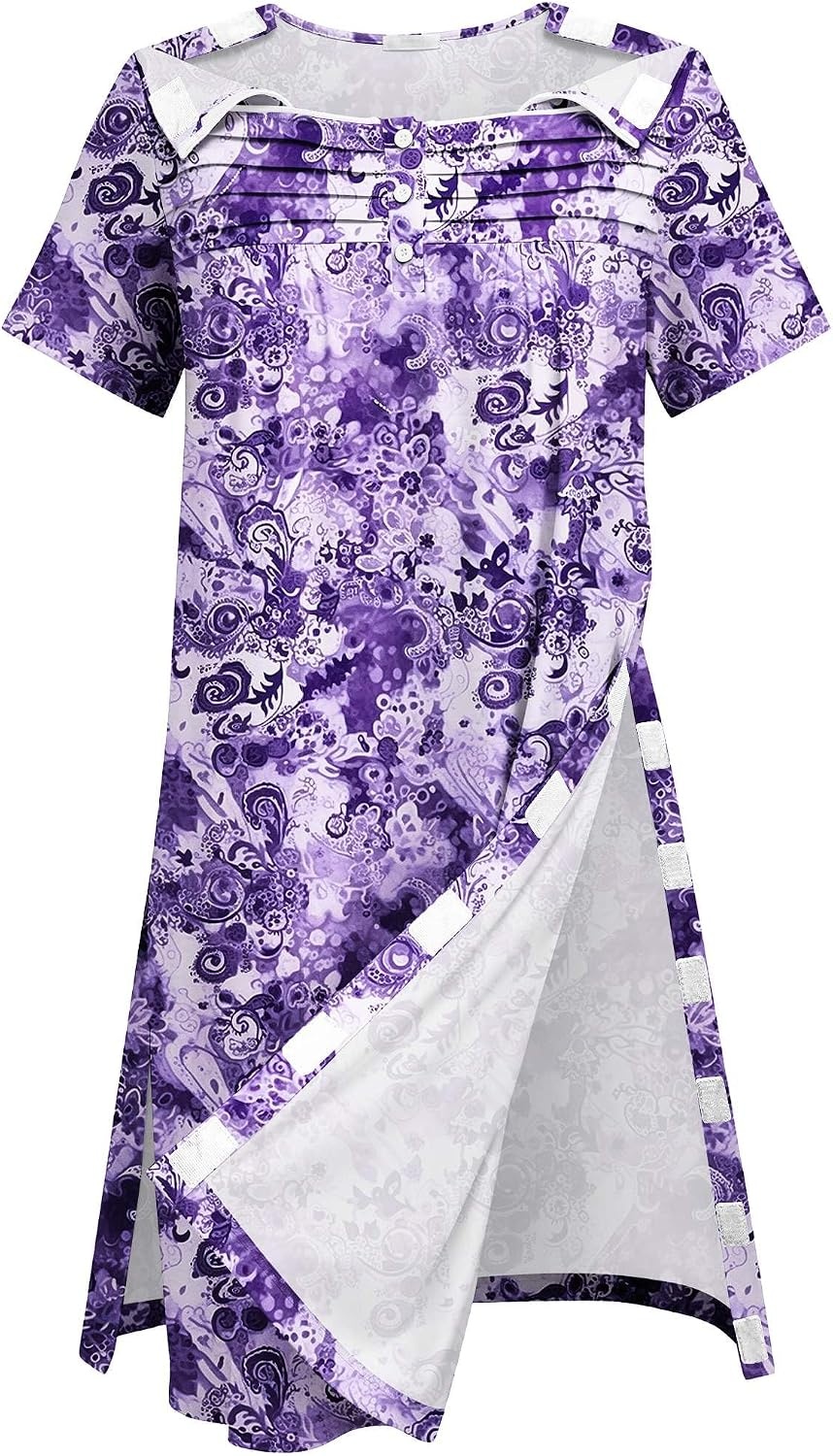 image:imageDeyeek Womens Shoulder Surgery Dress Full Tear Away Side Snap Chemo GownPurple Print
