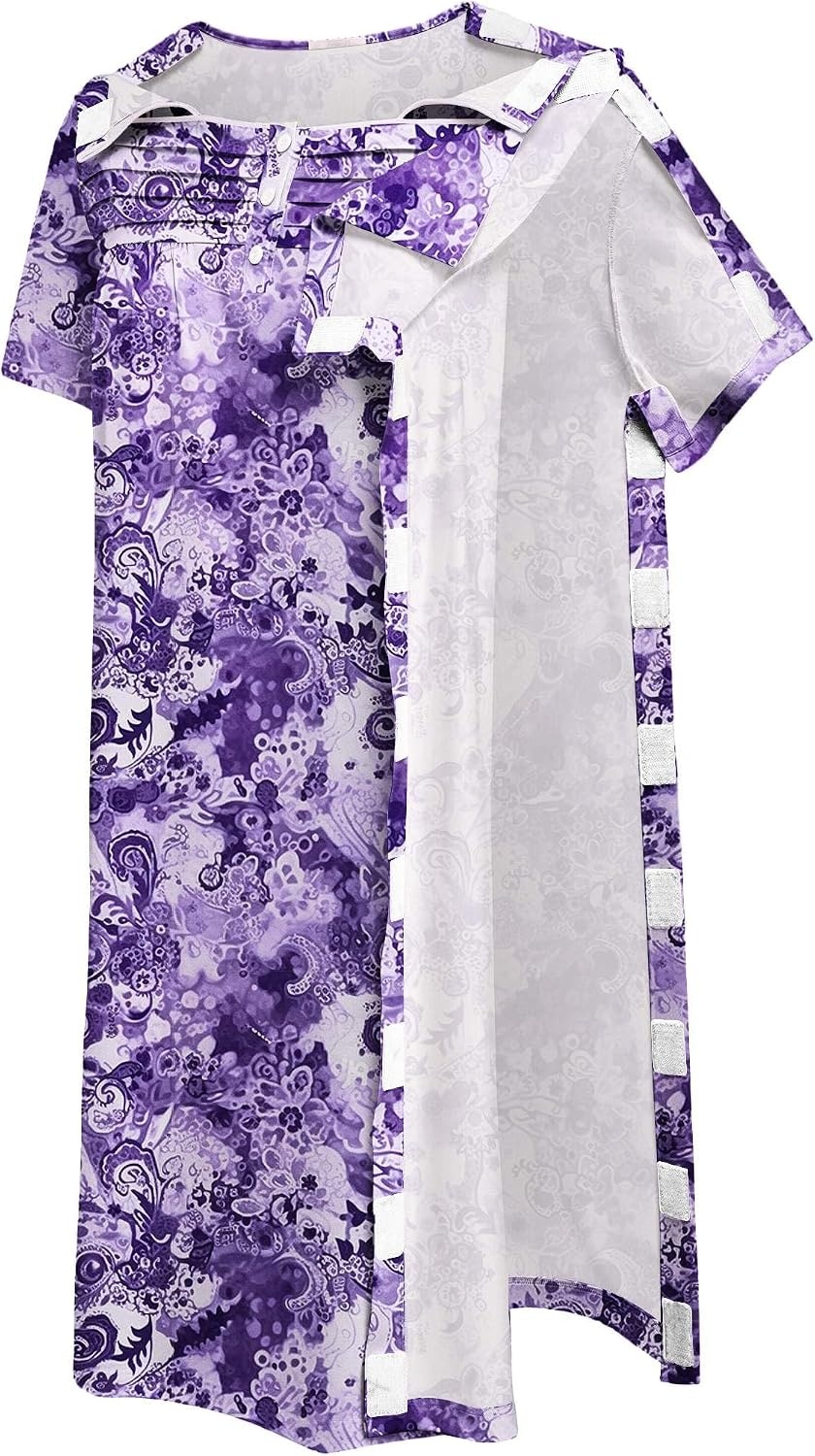 image:imageDeyeek Womens Shoulder Surgery Dress Full Tear Away Side Snap Chemo GownPurple Print