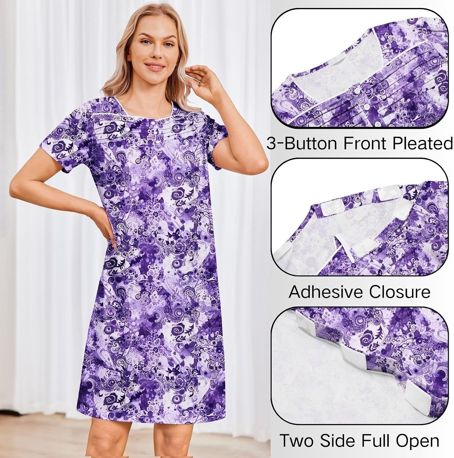 image:imageDeyeek Womens Shoulder Surgery Dress Full Tear Away Side Snap Chemo GownPurple Print
