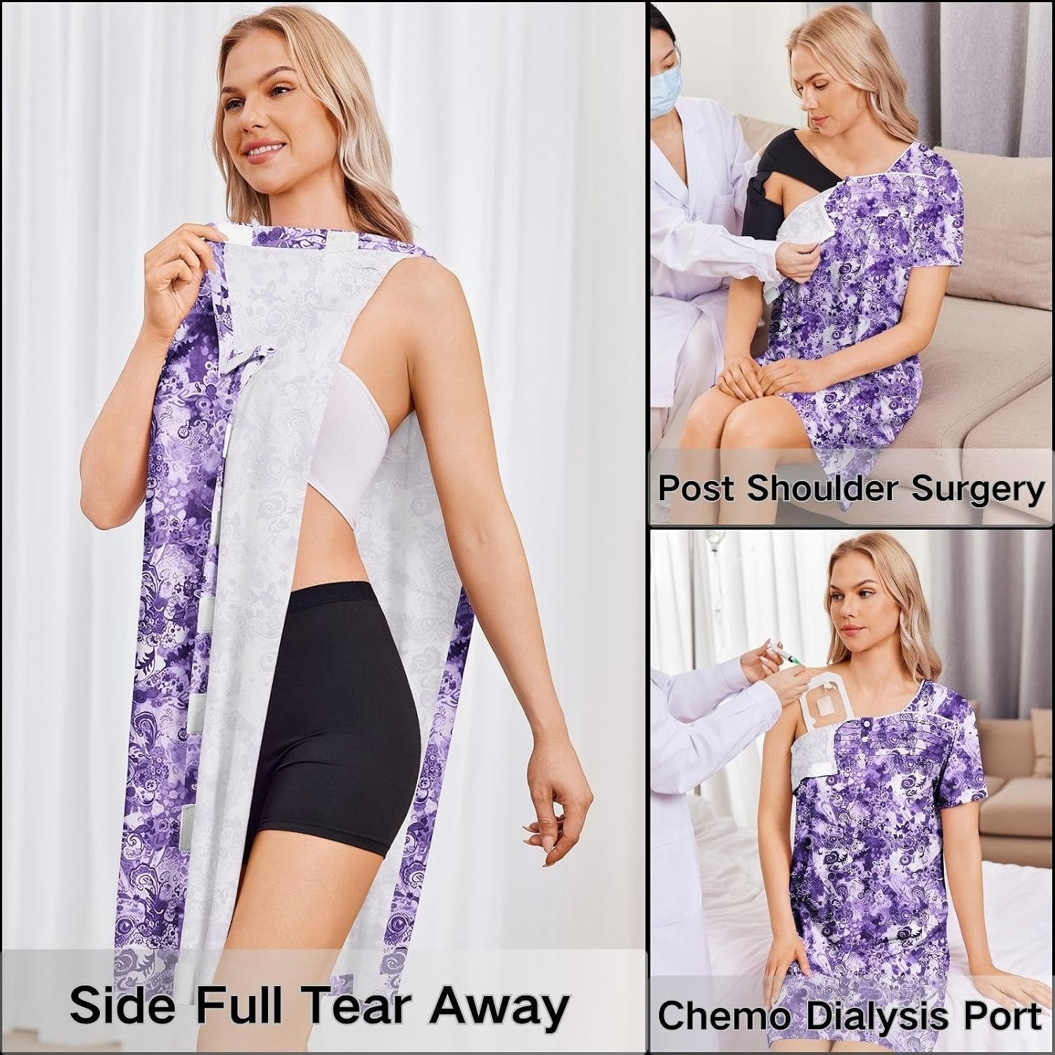 image:imageDeyeek Womens Shoulder Surgery Dress Full Tear Away Side Snap Chemo GownPurple Print