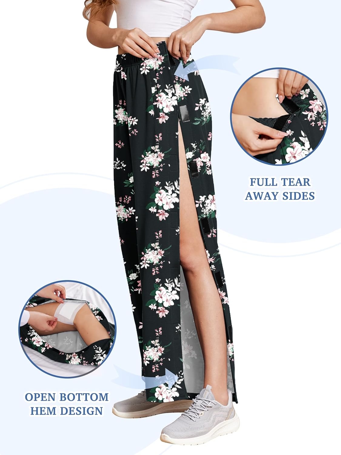image:imageDeyeek Womens Tear Away Pants Side Snap Post Surgery SweatpantsBlack Print