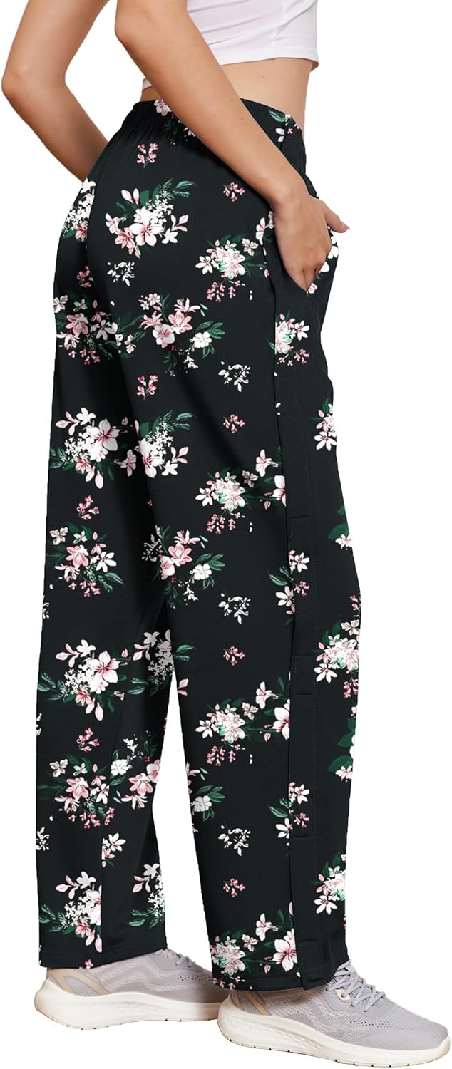 image:imageDeyeek Womens Tear Away Pants Side Snap Post Surgery SweatpantsBlack Print