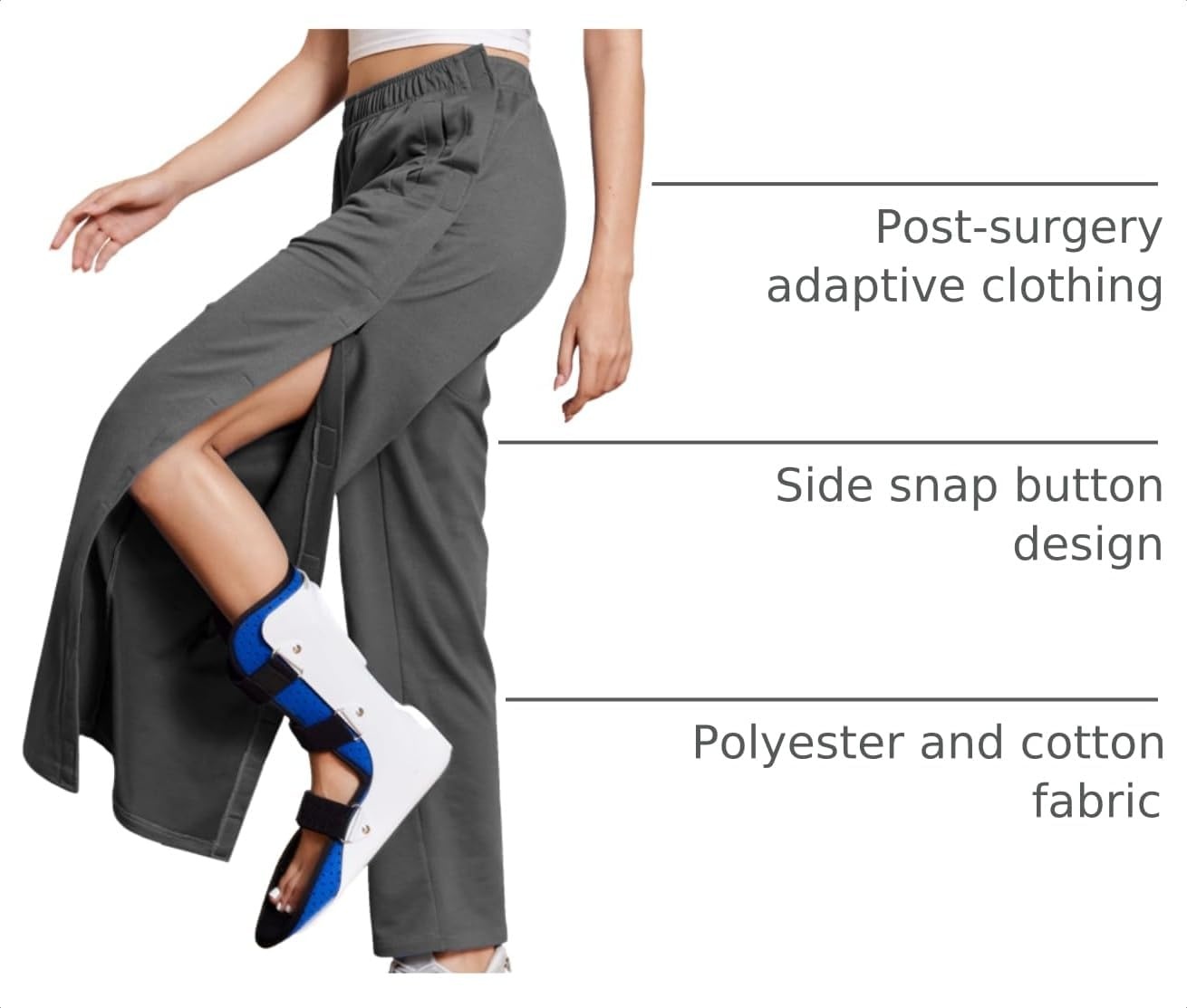 image:imageDeyeek Womens Tear Away Pants Side Snap Post Surgery SweatpantsDeep Grey