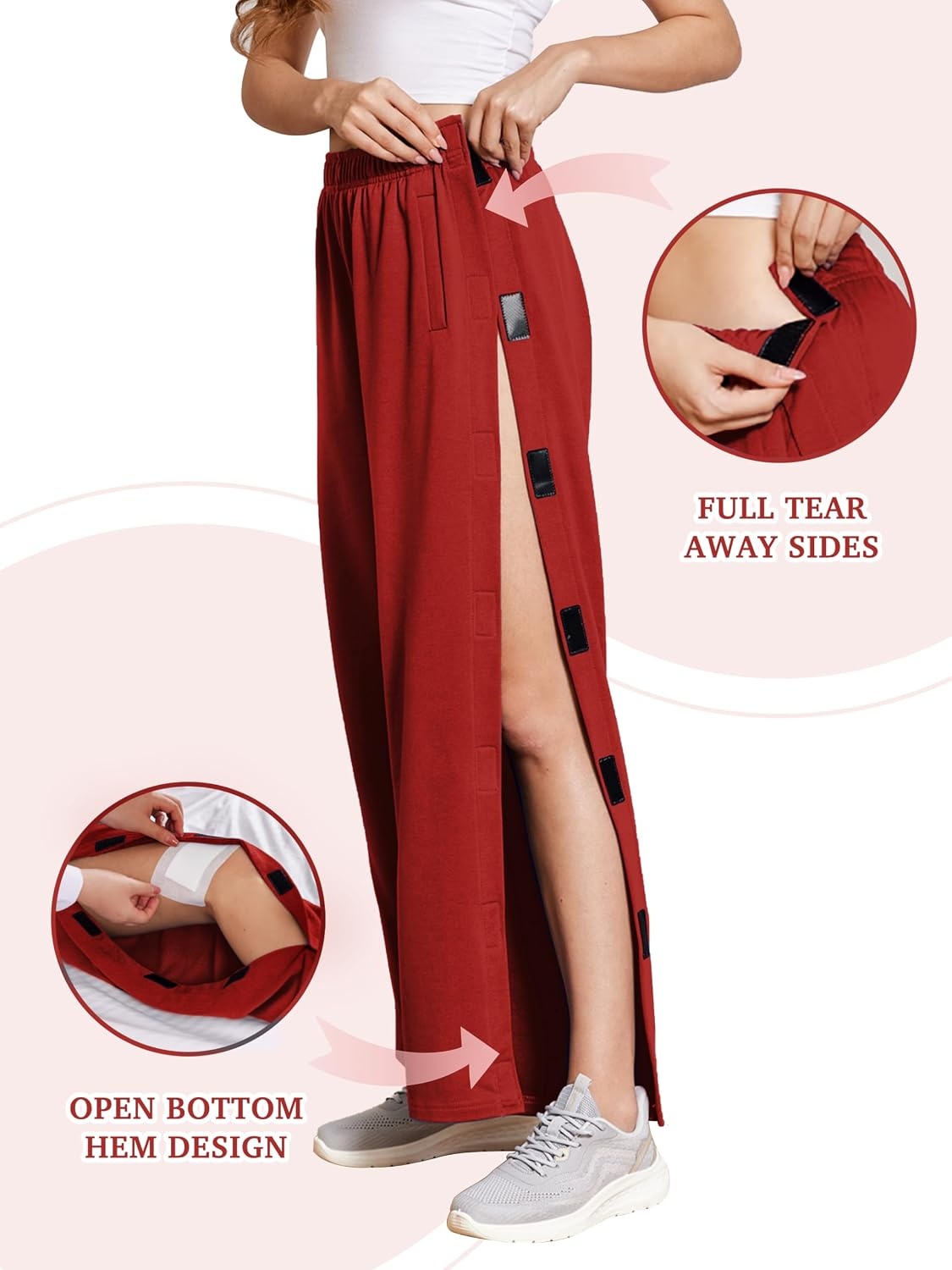image:imageDeyeek Womens Tear Away Pants Side Snap Post Surgery SweatpantsDeep Red