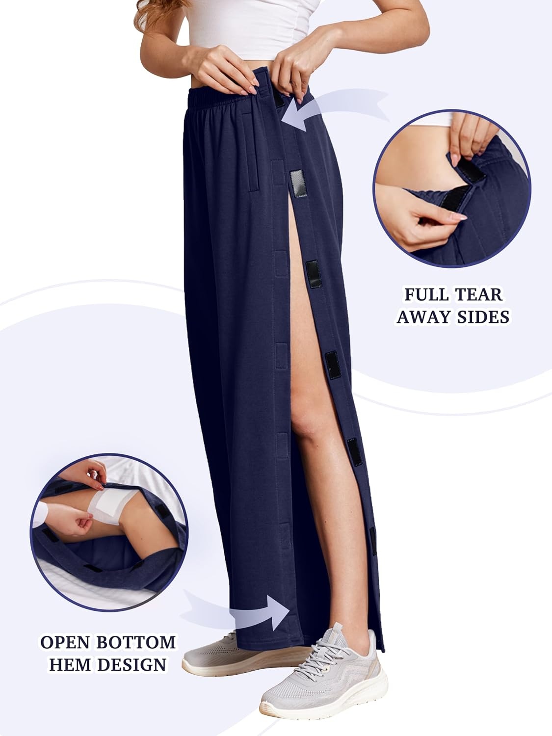 image:imageDeyeek Womens Tear Away Pants Side Snap Post Surgery SweatpantsNavy Blue