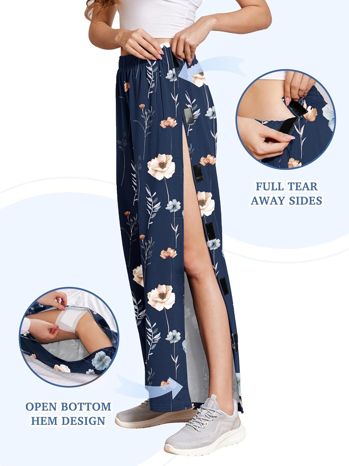 image:imageDeyeek Womens Tear Away Pants Side Snap Post Surgery SweatpantsNavy Print