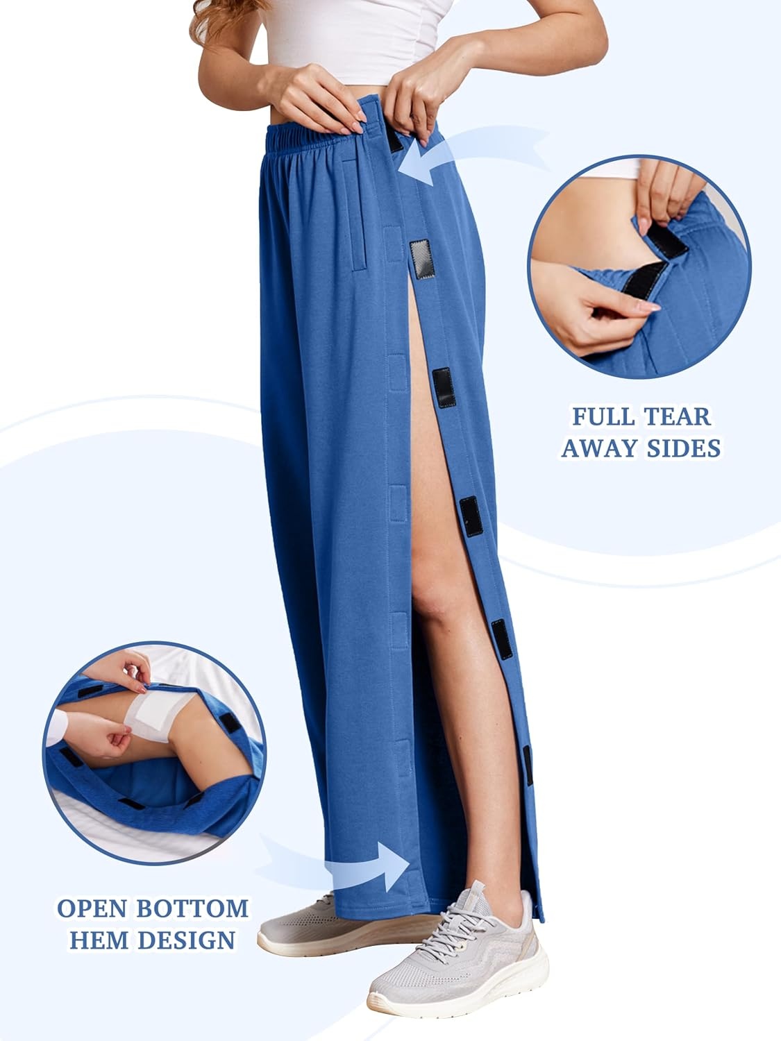 image:imageDeyeek Womens Tear Away Pants Side Snap Post Surgery SweatpantsSea Blue