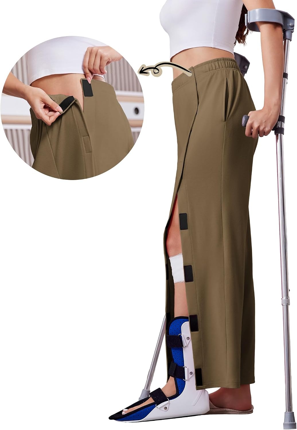 image:imageDeyeek Womens Tear Away Pants with Pockets Easy Access Adaptive Pants Post Hip Knee Leg Surgery Breakaway Lounge SweatpantsMalt Brown