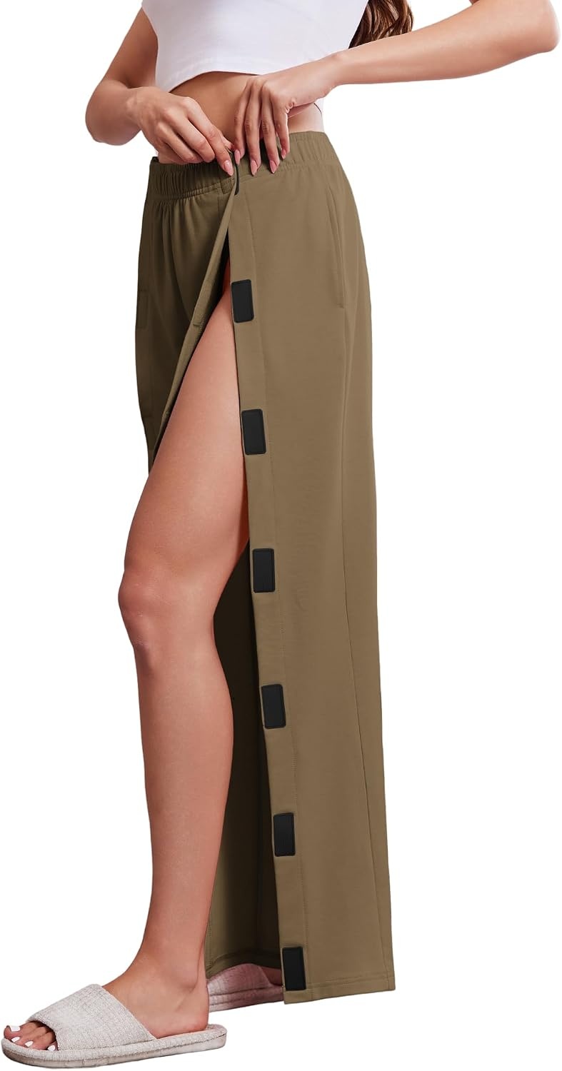 image:imageDeyeek Womens Tear Away Pants with Pockets Easy Access Adaptive Pants Post Hip Knee Leg Surgery Breakaway Lounge SweatpantsMalt Brown