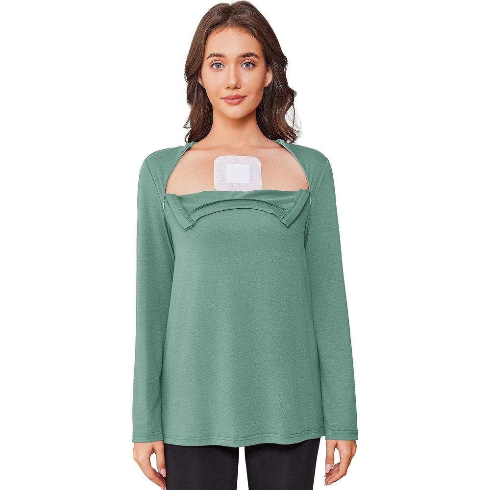 image:imageDeyeek Chemo Shirt for Women Long Sleeve Port Access Dialysis Surgery TopGray Green