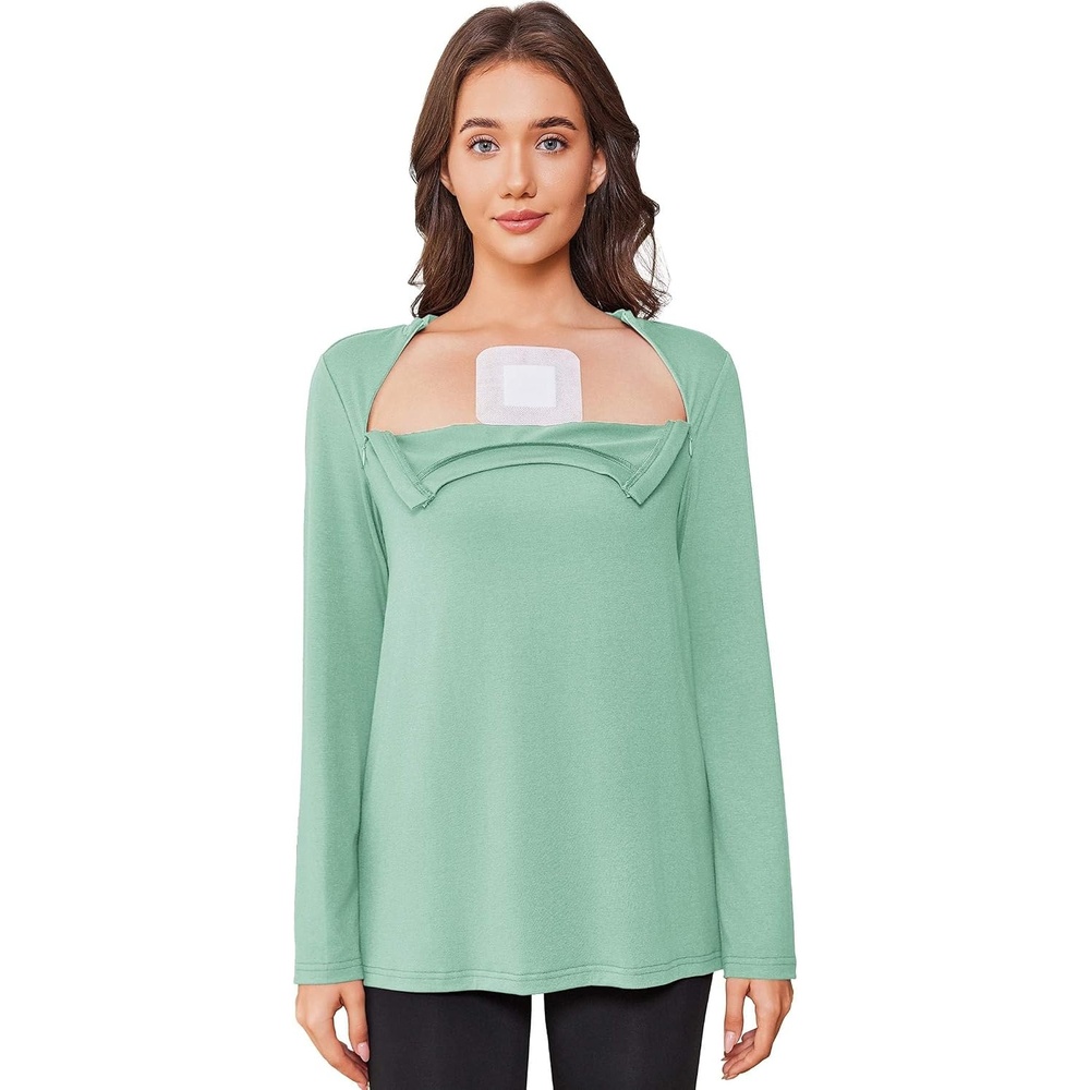 image:imageDeyeek Chemo Shirt for Women Long Sleeve Port Access Dialysis Surgery TopIce Green