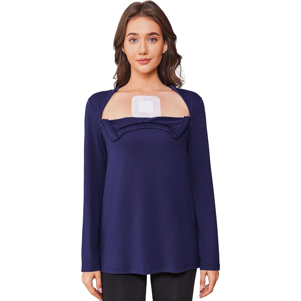 image:imageDeyeek Chemo Shirt for Women Long Sleeve Port Access Dialysis Surgery TopNavy Blue