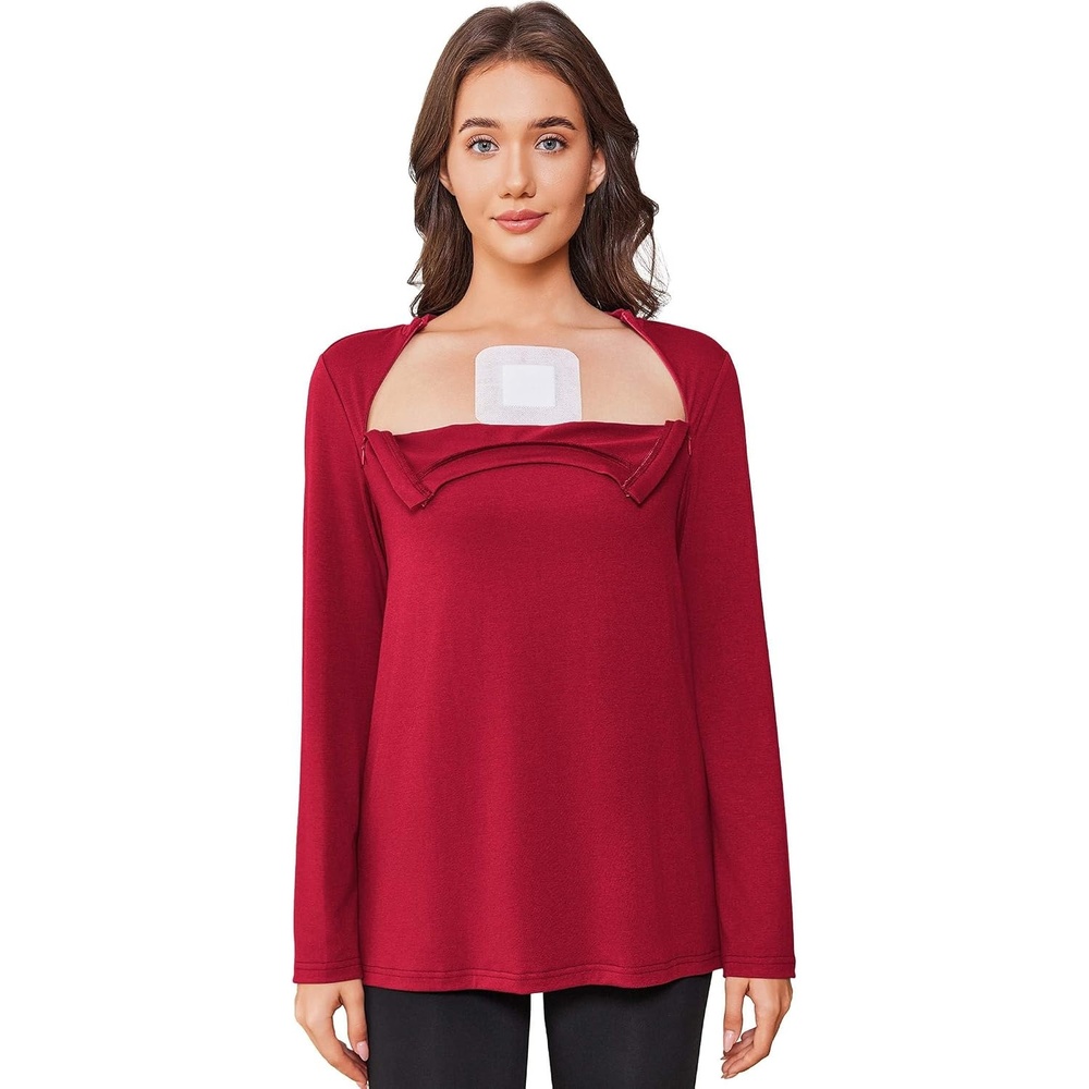 image:imageDeyeek Chemo Shirt for Women Long Sleeve Port Access Dialysis Surgery TopTrue Red
