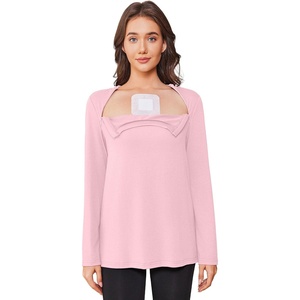 Deyeek Chemo Shirt for Women, Long Sleeve Port Access Dialysis Surgery Top(Dark Pink)