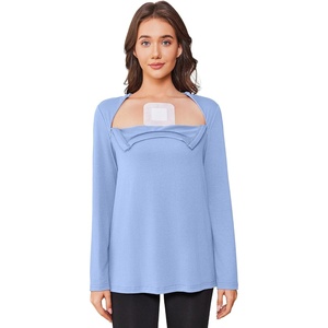 Deyeek Chemo Shirt for Women, Long Sleeve Port Access Dialysis Surgery Top(Light Blue)