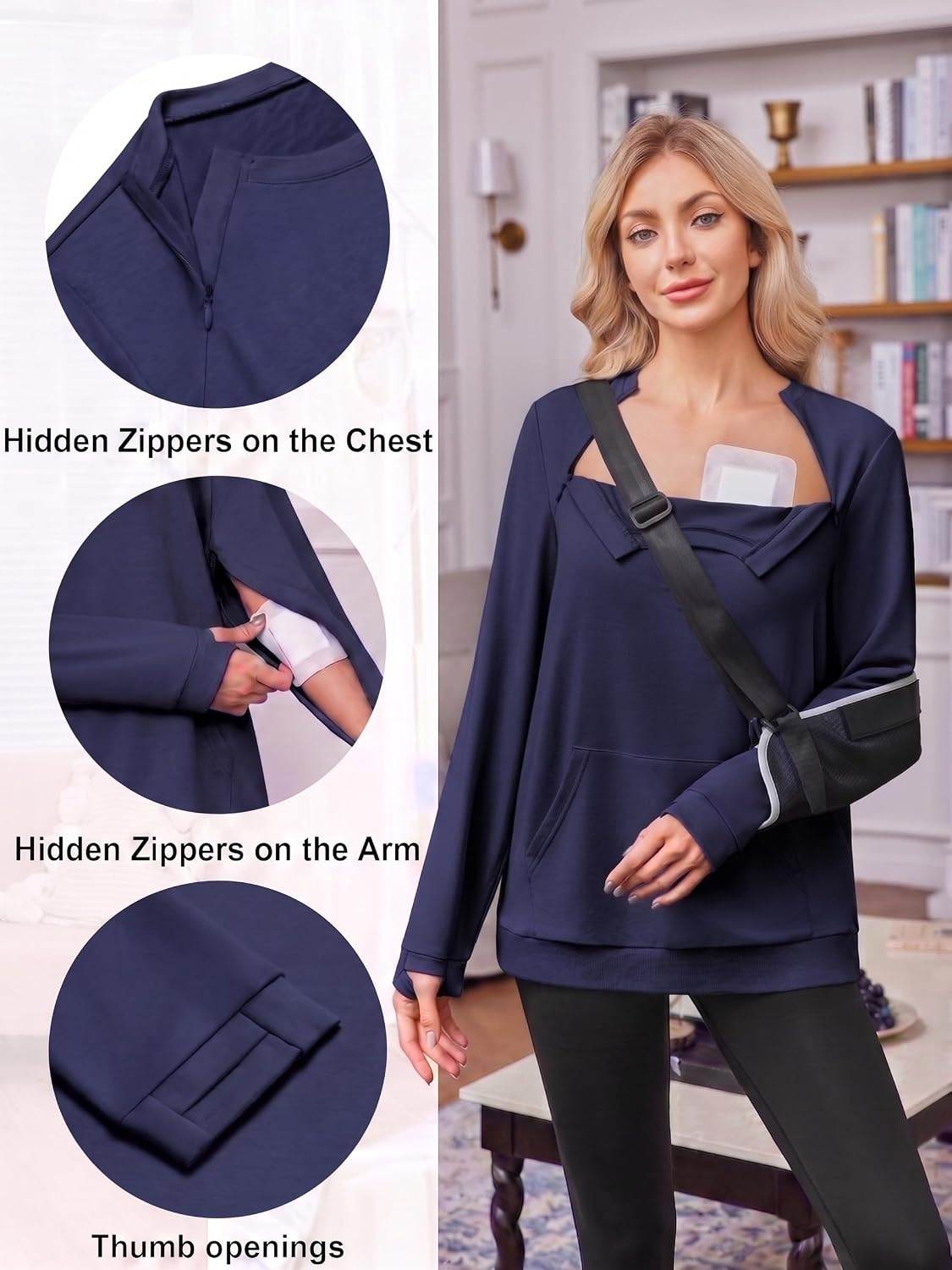 image:imageDeyeek Chemo Shirts for Port Access Womens Post Surgery Dialysis SweatshirtDark Blue