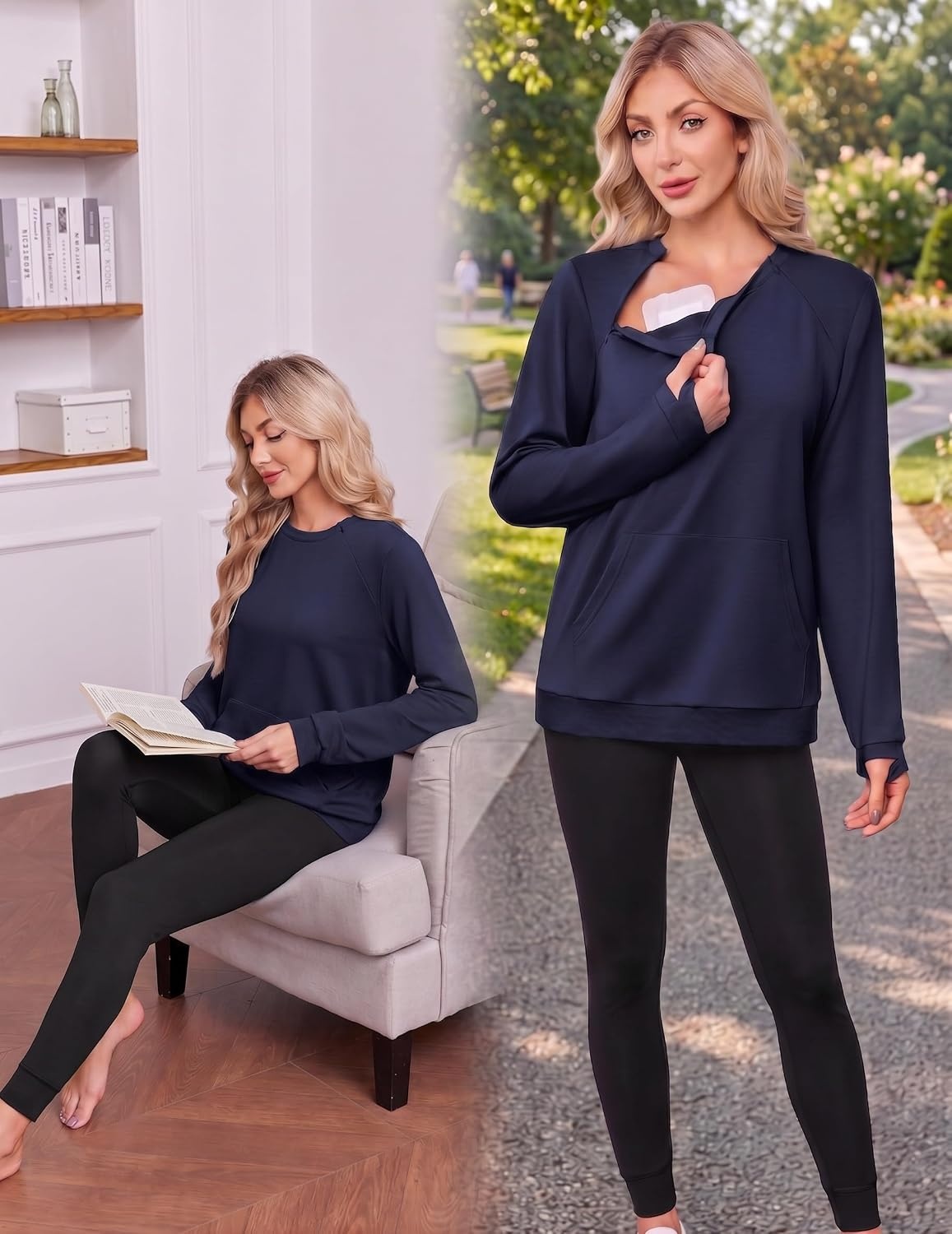 image:imageDeyeek Chemo Shirts for Port Access Womens Post Surgery Dialysis SweatshirtDark Blue