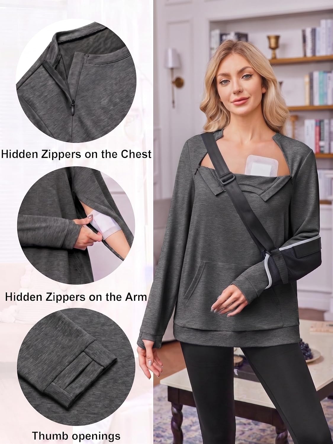 image:imageDeyeek Chemo Shirts for Port Access Womens Post Surgery Dialysis SweatshirtDark Grey