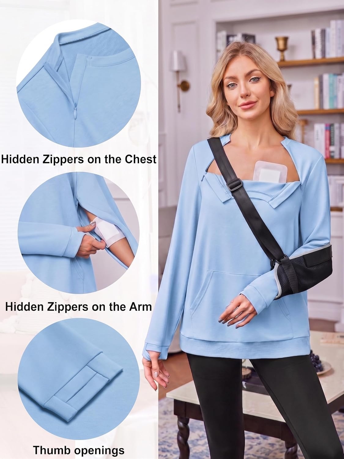 image:imageDeyeek Chemo Shirts for Port Access Womens Post Surgery Dialysis SweatshirtLight Blue