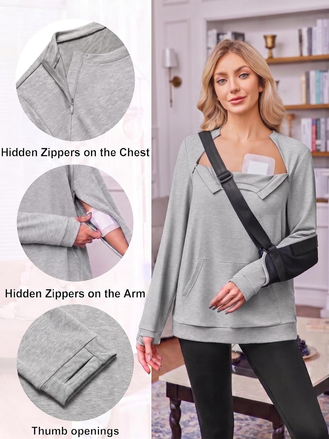 image:imageDeyeek Chemo Shirts for Port Access Womens Post Surgery Dialysis SweatshirtLight Grey