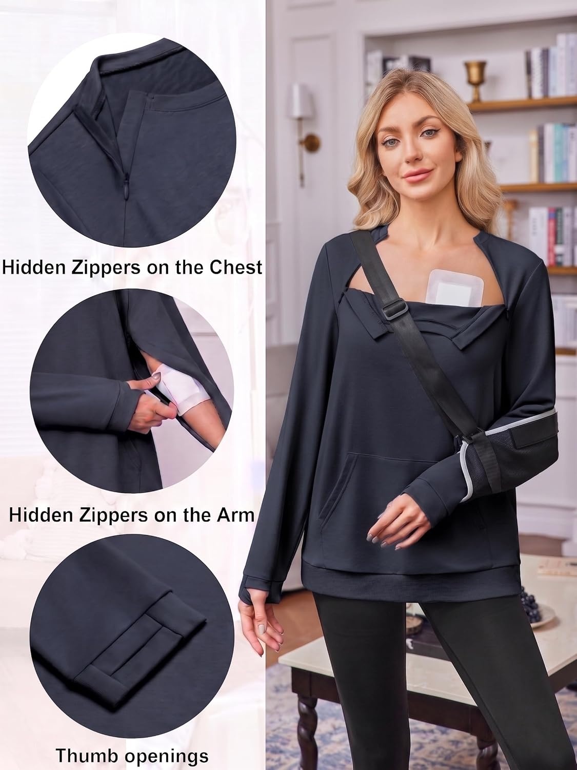 image:imageDeyeek Chemo Shirts for Port Access Womens Post Surgery Dialysis SweatshirtNavy Blue