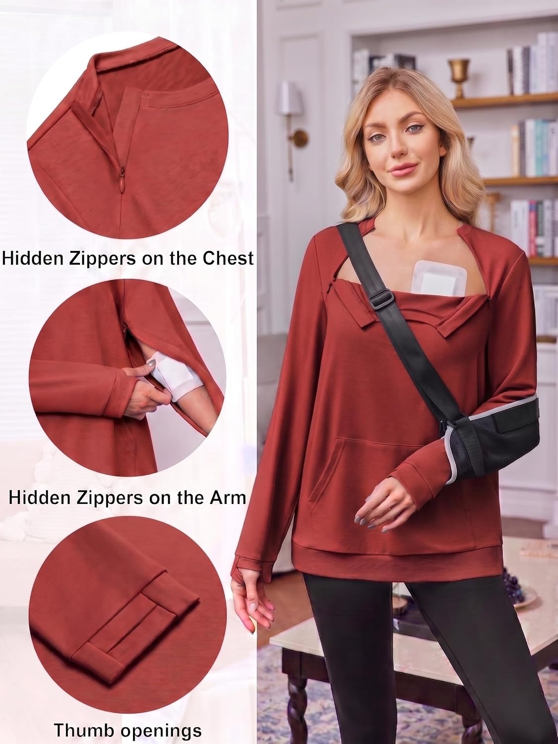 image:imageDeyeek Chemo Shirts for Port Access Womens Post Surgery Dialysis SweatshirtWine Red