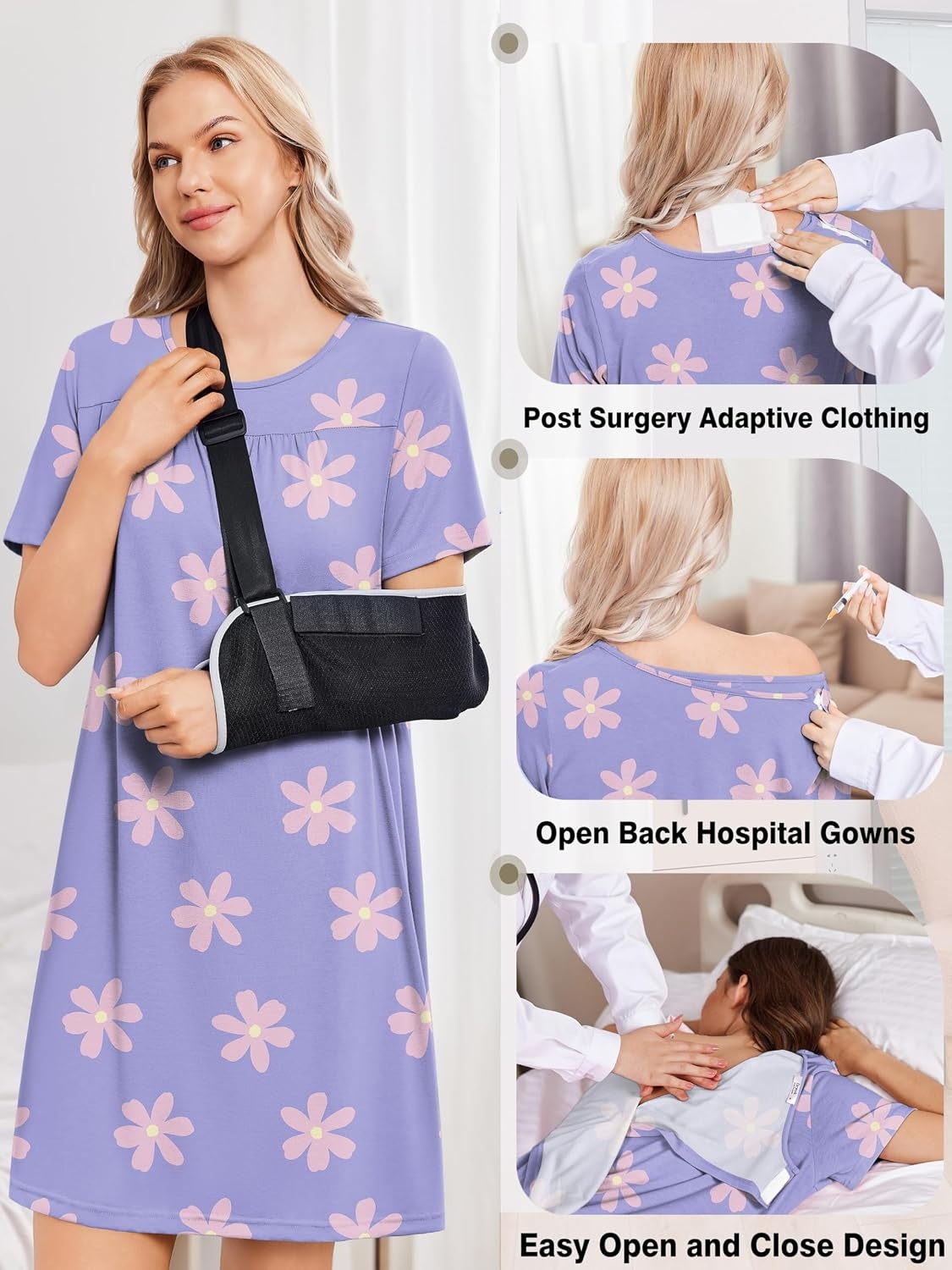 image:imageDeyeek Hospital Gowns for Women Tear Away Snap Open Back Post Surgery DressBlue Flower Print