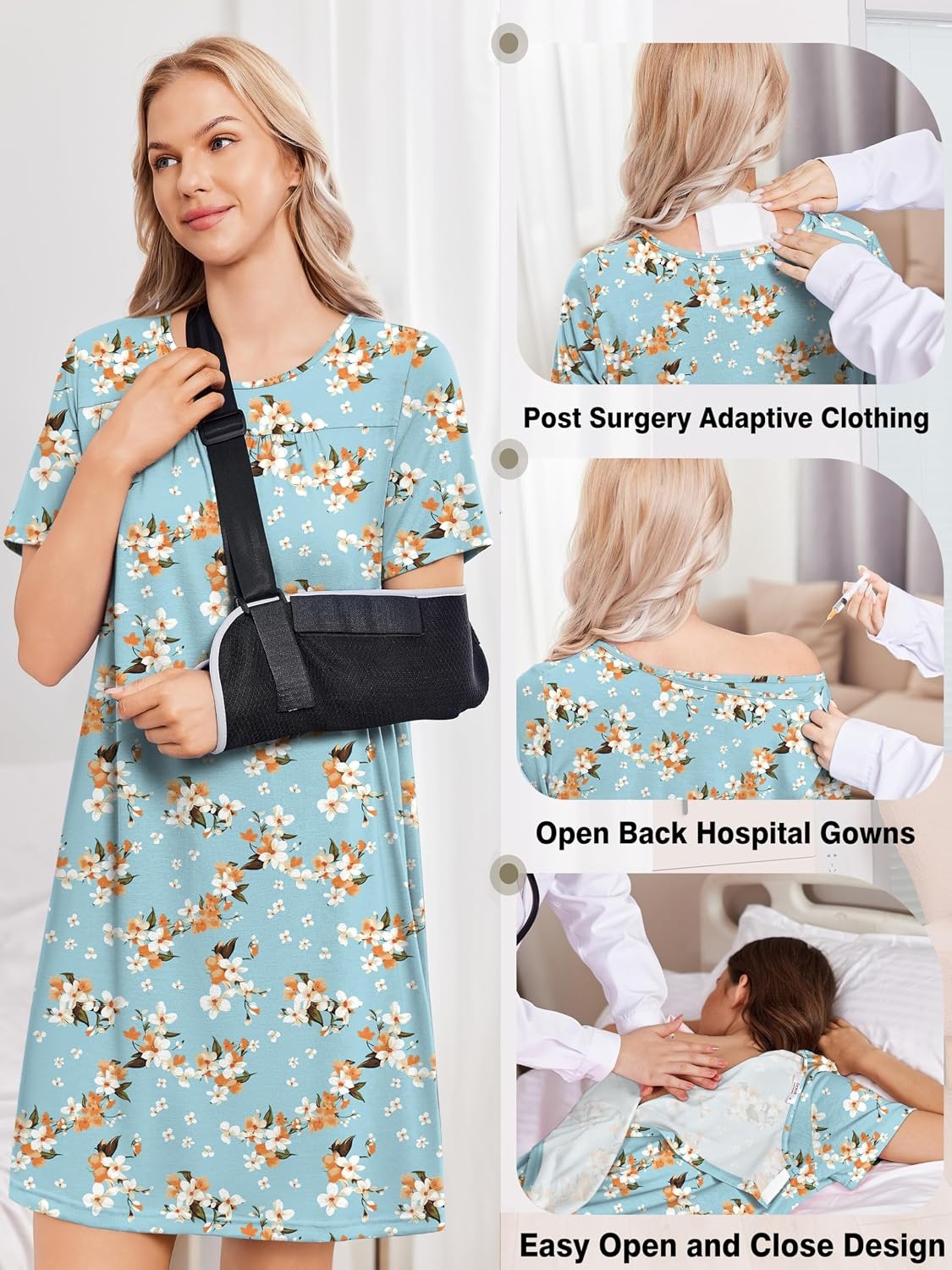 image:imageDeyeek Hospital Gowns for Women Tear Away Snap Open Back Post Surgery DressBlue Green Print