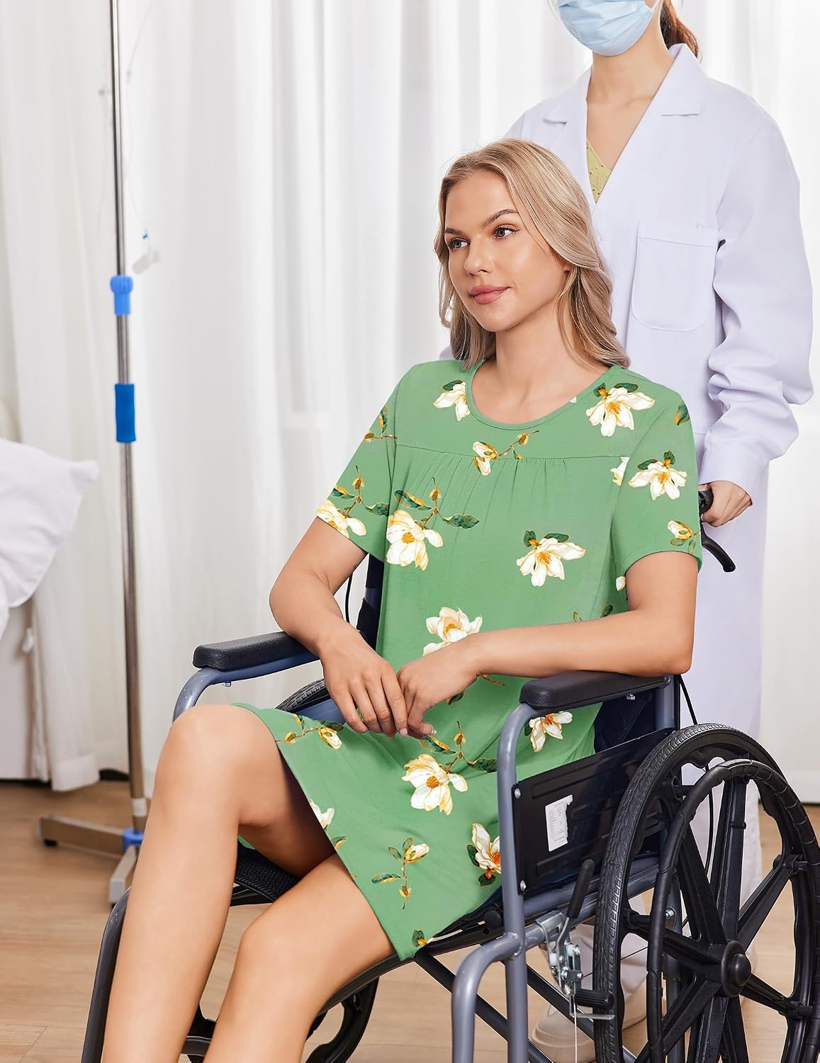 image:imageDeyeek Hospital Gowns for Women Tear Away Snap Open Back Post Surgery DressGreen Flower Print