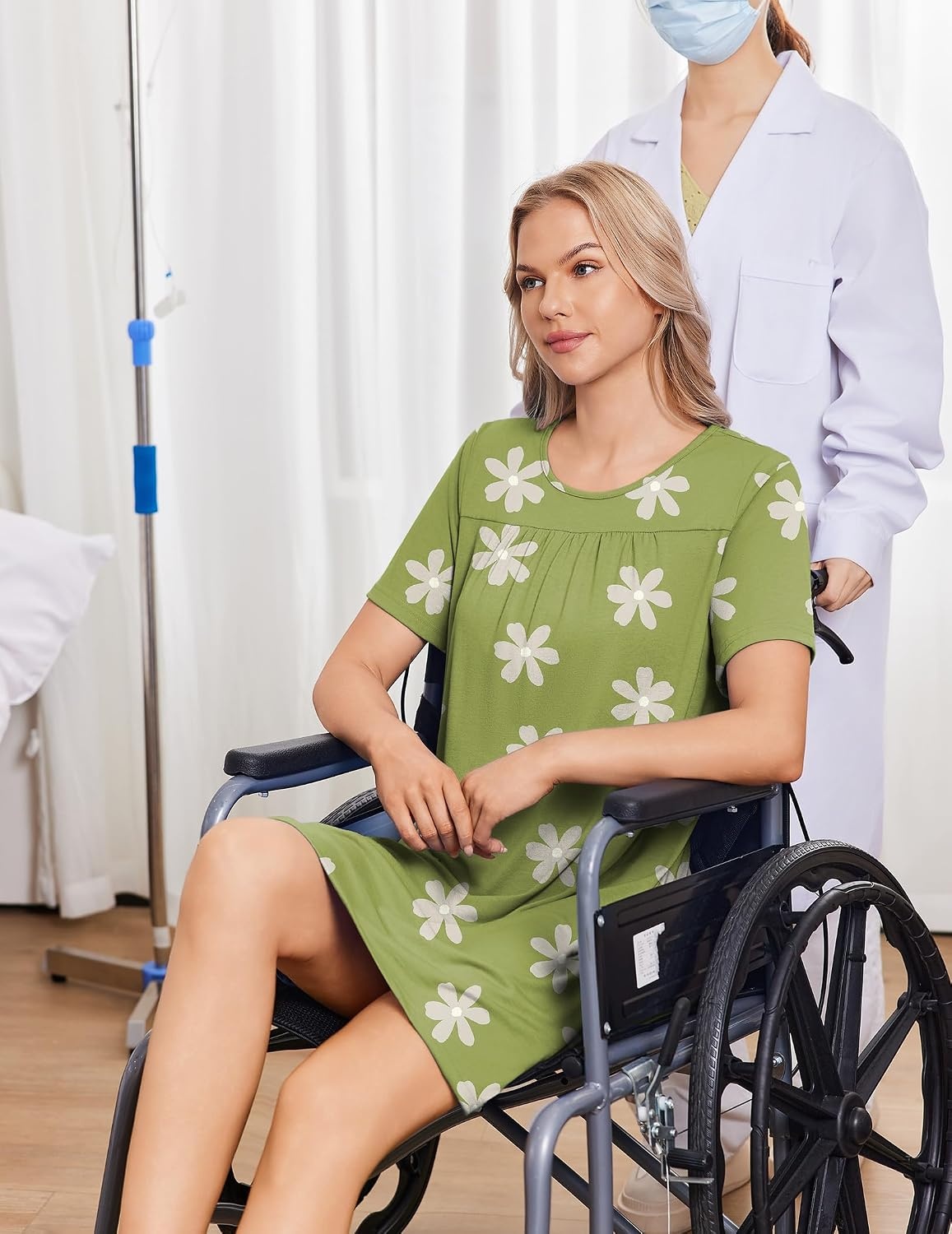 image:imageDeyeek Hospital Gowns for Women Tear Away Snap Open Back Post Surgery DressGreen Print