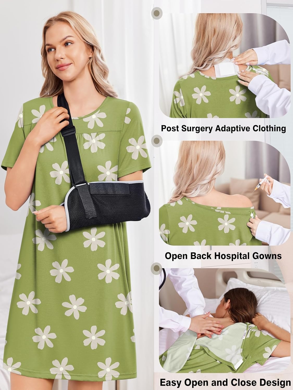 image:imageDeyeek Hospital Gowns for Women Tear Away Snap Open Back Post Surgery DressGreen Print