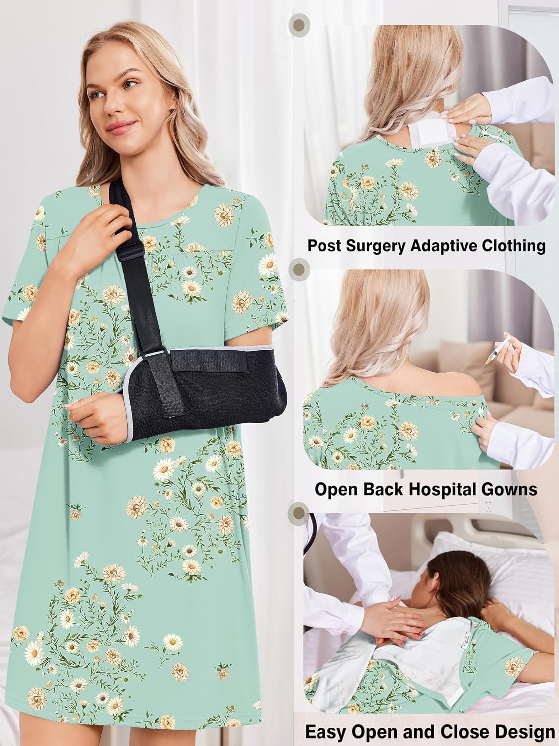 image:imageDeyeek Hospital Gowns for Women Tear Away Snap Open Back Post Surgery DressLight Green Flower Print