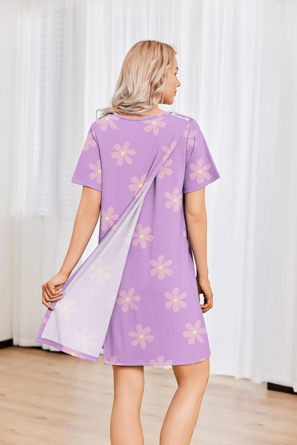 image:imageDeyeek Hospital Gowns for Women Tear Away Snap Open Back Post Surgery DressLight Purple Print