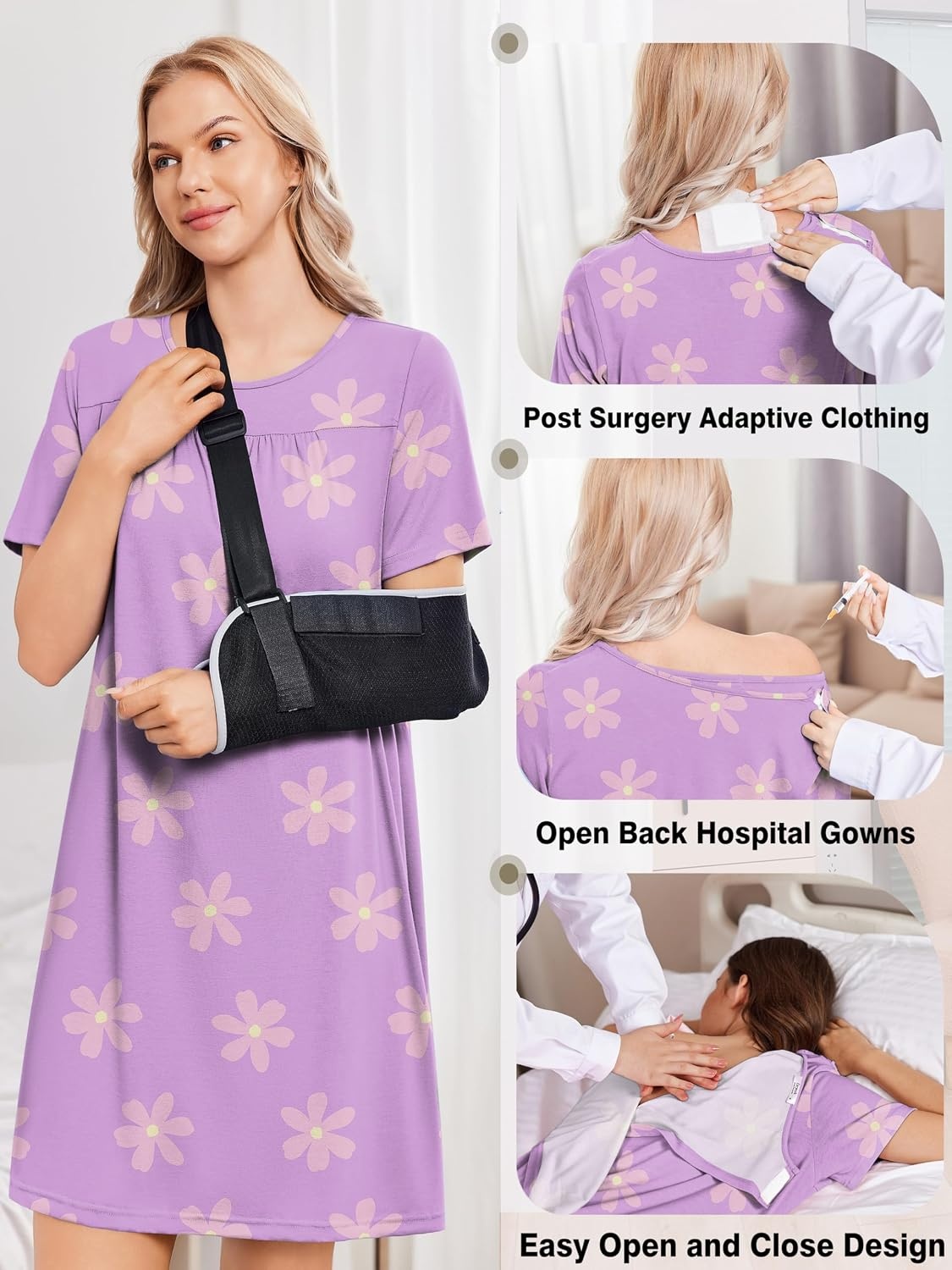 image:imageDeyeek Hospital Gowns for Women Tear Away Snap Open Back Post Surgery DressLight Purple Print