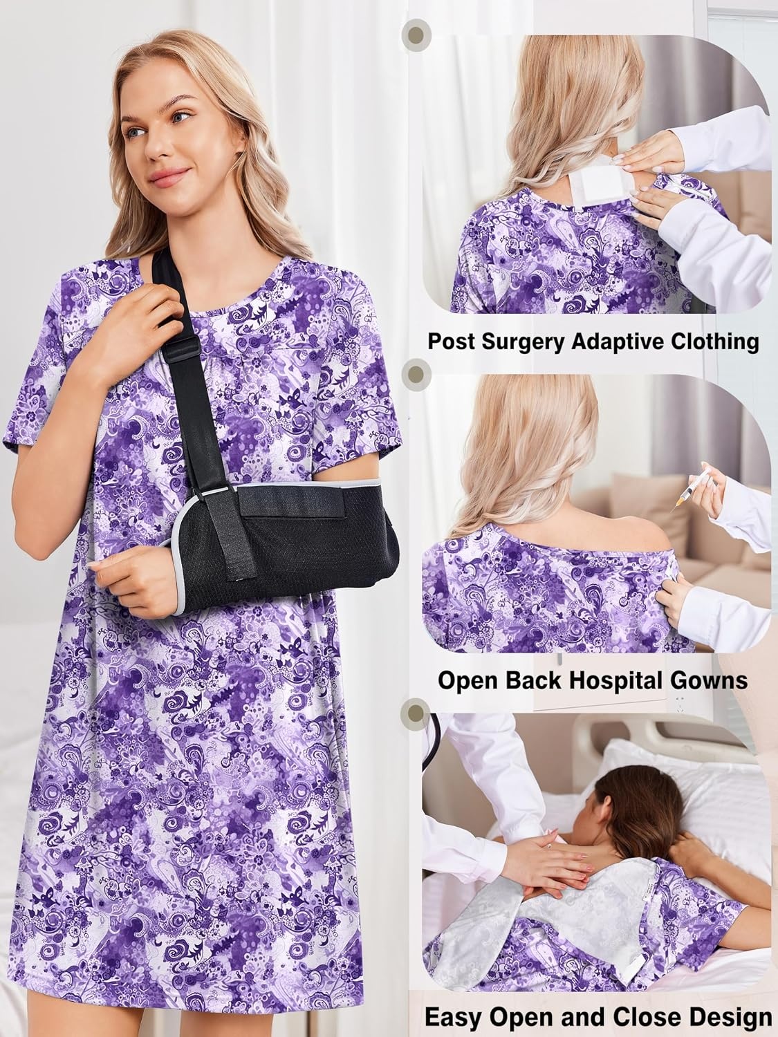 image:imageDeyeek Hospital Gowns for Women Tear Away Snap Open Back Post Surgery DressPurple Print