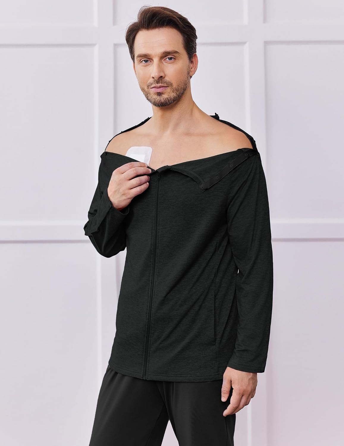 image:imageDeyeek Mens Front Zip Post Shoulder Surgery Adaptive ShirtBlack